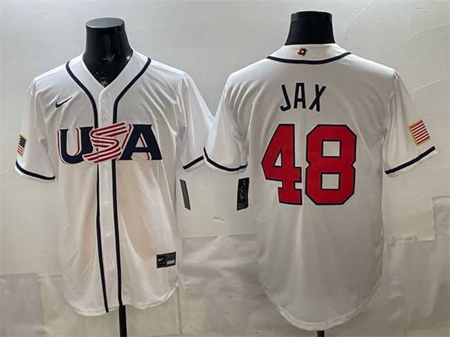 Men%27s USA Baseball #48 Griffin Jax White 2026 World Baseball Classic Home Stadium Stitched Jersey