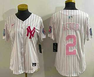 Women%27s New York Yankees #2 Derek Jeter White Pink Pinstripe Fashion Cool Base Jersey
