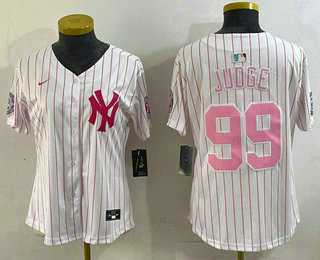 Women%27s New York Yankees #99 Aaron Judge White Pink Pinstripe Fashion Cool Base Jersey