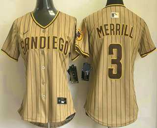 Women%27s San Diego Padres #3 Jackson Merrill Khaki Pinstripe Limited Stitched Jersey