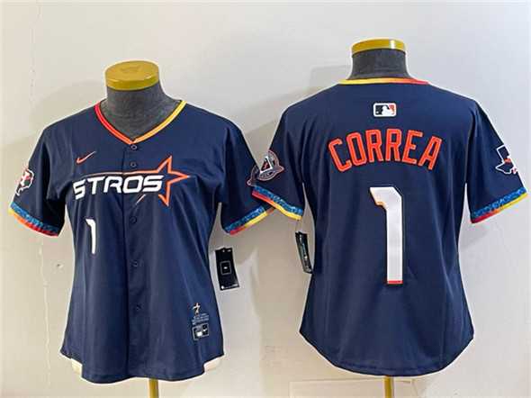 Women%27s Houston Astros #1 Carlos Correa Navy 2025 City Connect With Texas Patch Limited Stitched Jersey