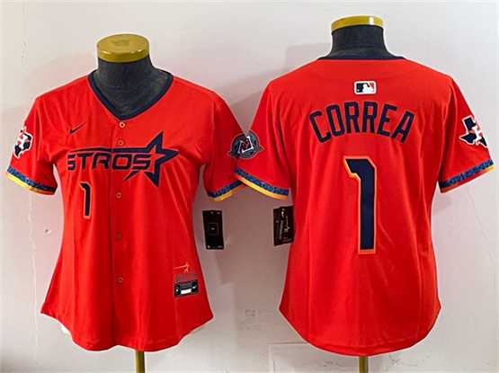 Women%27s Houston Astros #1 Carlos Correa Orange 2025 City Connect With Texas Patch Limited Stitched Jersey