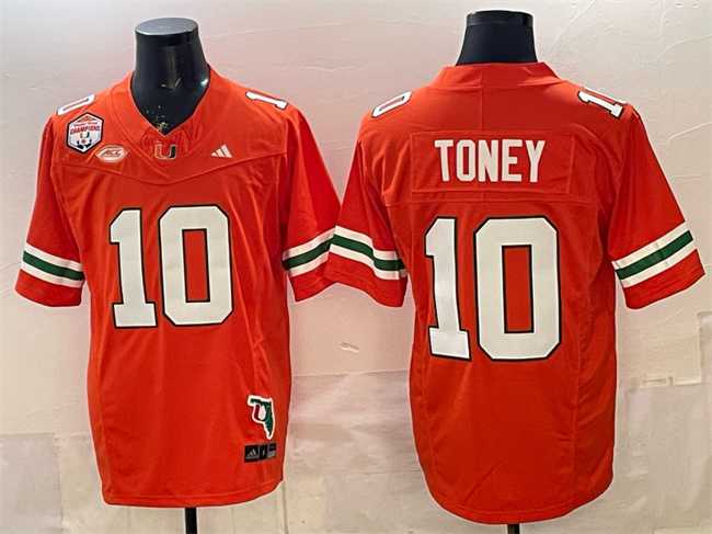 Men%27s Miami Hurricanes #10 Malachi Toney Orange F.U.S.E. Fiesta Bowl Champions & Florida Patch Stitched Football Jersey