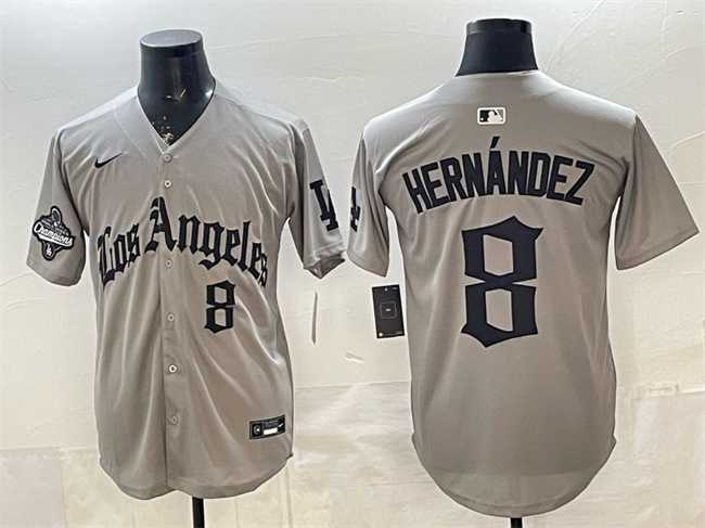 Men%27s Los Angeles Dodgers #8 Enrique Hernandez Grey LA Gothic Style With 2025 World Series Champions Patch Limited Stitched Jersey Dzhi
