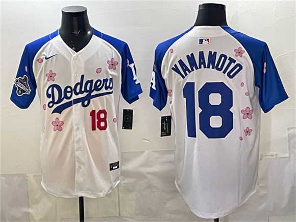 Men%27s Los Angeles Dodgers #18 Yoshinobu Yamamoto White Royal 2025 World Series Champions Patch Tokyo Series Limited Stitched Jersey Dzhi