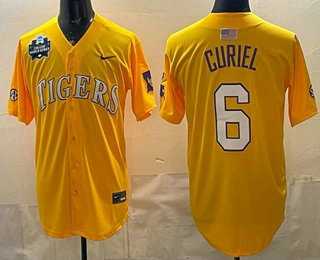 Men%27s LSU Tigers #6 Derek Curiel Gold 2025 World Series SEC Patch Stitched Baseball Jersey Dzhi