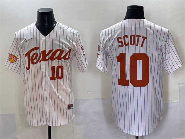 Men%27s Texas Longhorns #10 Mia Scott White Pinstripe 2025 Softball National Champions & SEC Patch Stitched Jersey