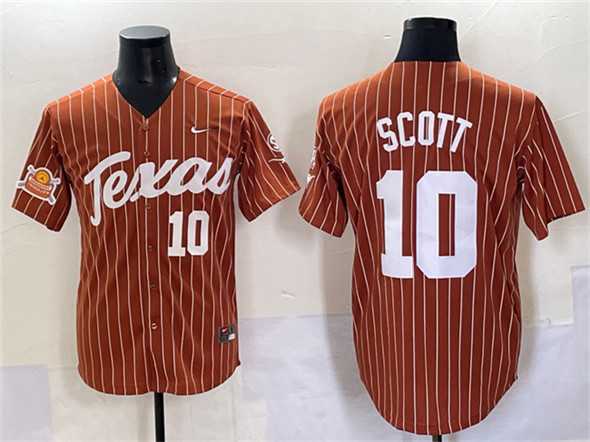 Men%27s Texas Longhorns #10 Mia Scott Orange Pinstripe 2025 Softball National Champions & SEC Patch Stitched Jersey