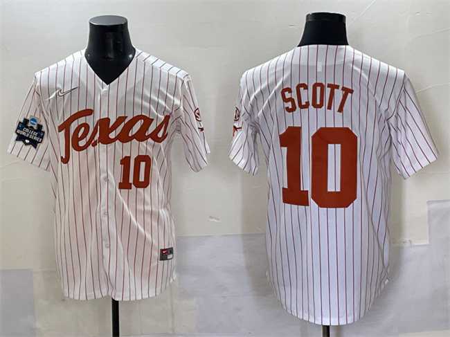 Men%27s Texas Longhorns #10 Mia Scott White Pinstripe 2025 World Series & SEC Patch Stitched Jersey