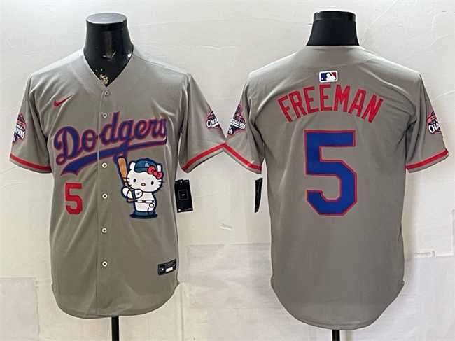 Men%27s Los Angeles Dodgers #5 Freddie Freeman Grey Hello Kitty Night 2025 World Series Champions Patch Stitched Jersey