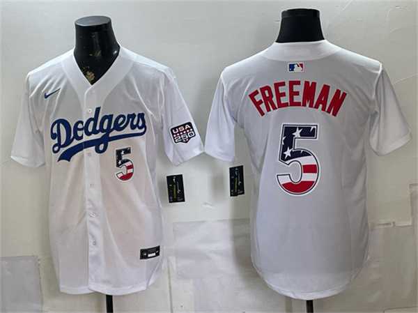 Men%27s Los Angeles Dodgers #5 Freddie Freeman White 250 Fourth of July Home Stitched Jersey Dzhi