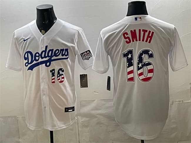 Men%27s Los Angeles Dodgers #16 Will Smith White USA 250 Fourth of July Home Stitched Baseball Jersey Dzhi