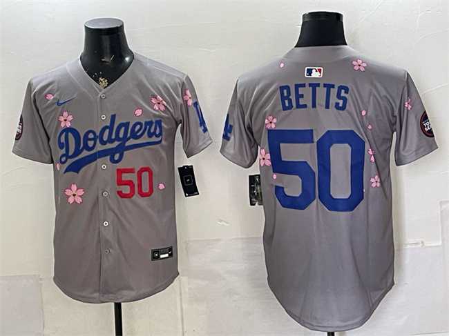 Men%27s Los Angeles Dodgers #50 Mookie Betts Grey 2025 Tokyo Series Limited Stitched Jersey