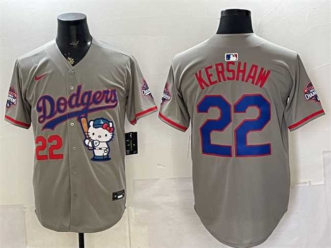 Men%27s Los Angeles Dodgers #22 Clayton Kershaw Grey Hello Kitty Night 2025 World Series Champions Patch Stitched Jersey
