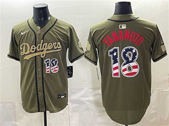 Men%27s Los Angeles Dodgers #18 Yoshinobu Yamamoto Olive 2026 Armed Forces Day USA 250 Fourth of July Stitched Jersey Dzhi