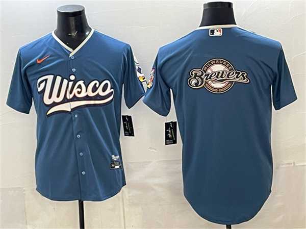 Men%27s Milwaukee Brewers Team Big Logo Mineral Blue 2026 City Connect Stadium Stitched Jersey