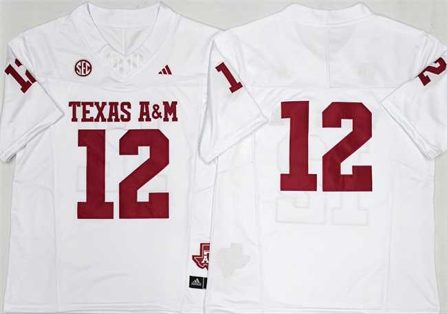 Men%27s Texas A&M Aggies Lions #12 Premier Strategy White 2025 F.U.S.E. Stitched Jersey