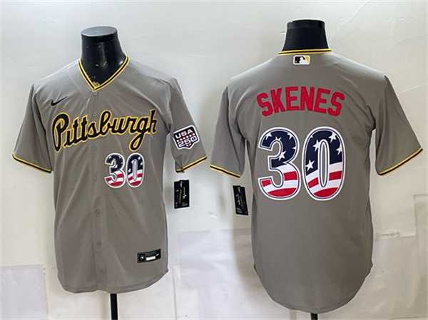 Men%27s Pittsburgh Pirates #30 Paul Skenes Gray USA 250 Fourth of July Stitched Jersey Dzhi