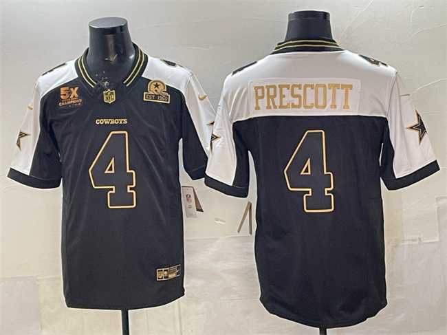 Men%27s Dallas Cowboys #4 Dak Prescott Black Gold 2025 F.U.S.E. With 5x Super Bowl Champions & Established In 1960 Patch Vapor Limited Stitched Jersey1
