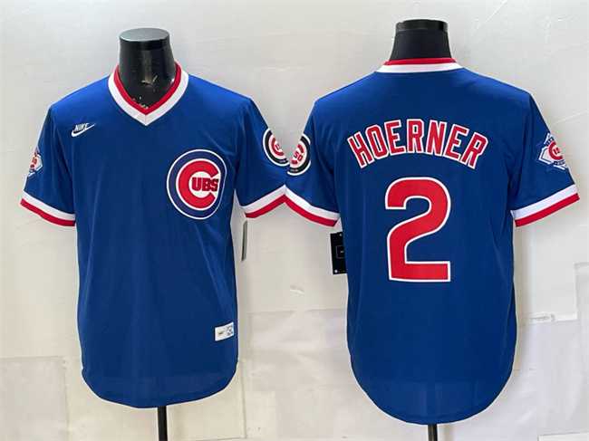 Men%27s Chicago Cubs #2 Nico Hoerner Royal 150th Anniversary Throwback Vapor Limited Stitched Jersey