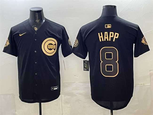 Men%27s Chicago Cubs #8 lan Happ Black Gold 150th Anniversary Patch Stitched Jersey Dzhi