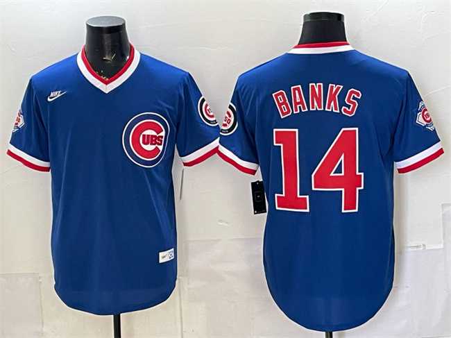 Men%27s Chicago Cubs #14 Ernie Banks Royal 150th Anniversary Throwback Vapor Limited Stitched Jersey