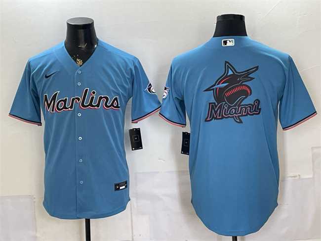 Men%27s Miami Marlins Blue Team Big Logo Cool Base Stitched Jersey Dzhi