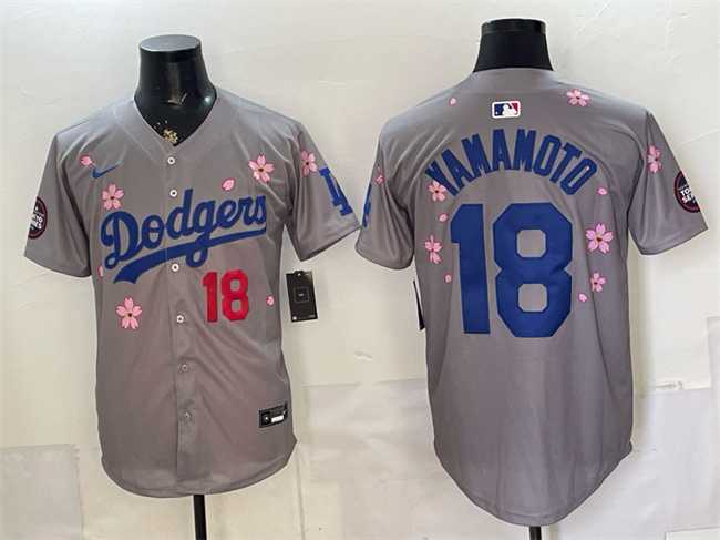 Men%27s Los Angeles Dodgers #18 Yoshinobu Yamamoto Grey 2025 Tokyo Series Limited Stitched Jersey