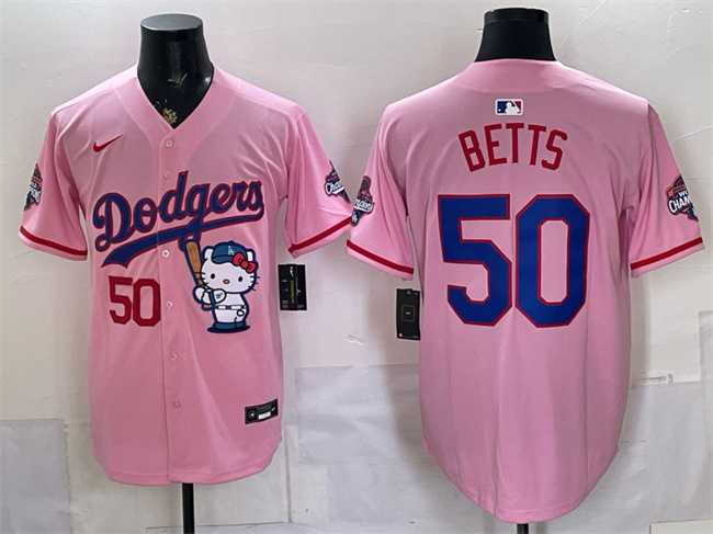 Men%27s Los Angeles Dodgers #50 Mookie Betts Pink Hello Kitty Night 2025 World Series Champions Patch Stitched Jersey Dzhi