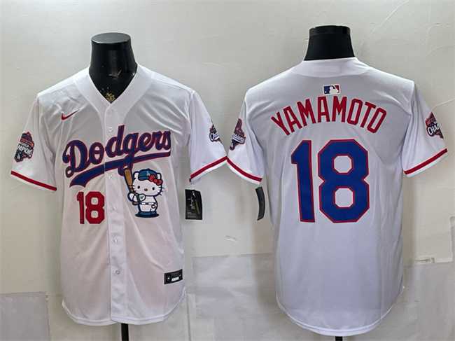 Men%27s Los Angeles Dodgers #18 Yoshinobu Yamamoto White Hello Kitty Night 2025 World Series Champions Patch Stitched Jersey Dzhi