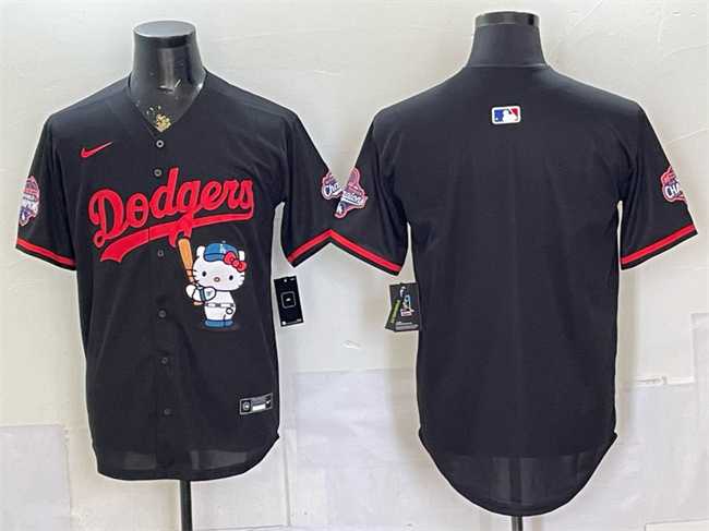 Men%27s Los Angeles Dodgers Blank Black Hello Kitty Night 2025 World Series Champions Patch Stitched Jersey Dzhi