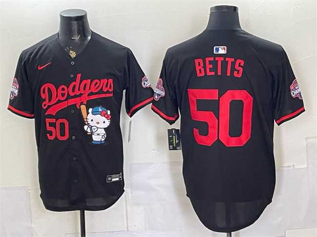Men%27s Los Angeles Dodgers #50 Mookie Betts Black Hello Kitty Night 2025 World Series Champions Patch Stitched Jersey Dzhi