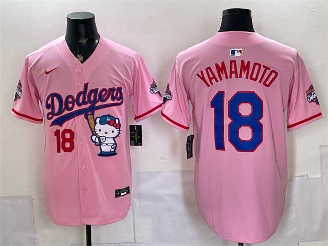 Men%27s Los Angeles Dodgers #18 Yoshinobu Yamamoto Pink Hello Kitty Night 2025 World Series Champions Patch Stitched Jersey Dzhi
