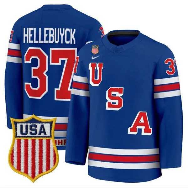 Men%27s USA #37 Connor Hellebuyck Home Blue 2026 Olympic Jersey Dzhi