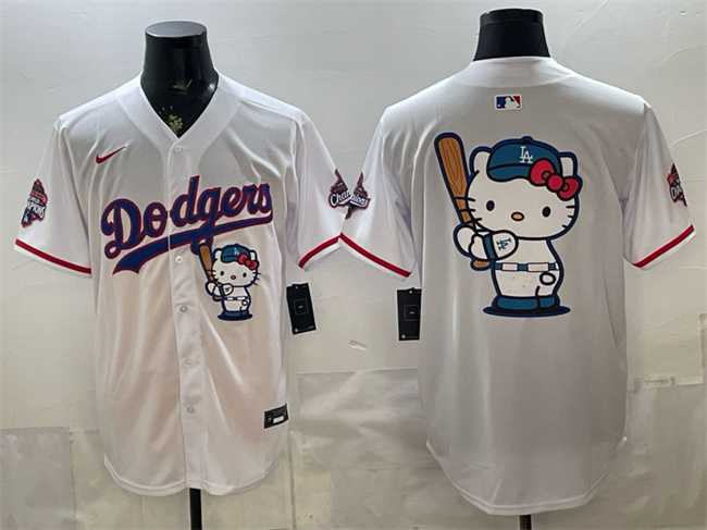 Men%27s Los Angeles Dodgers Team Big Logo White Hello Kitty Night 2025 World Series Champions Patch Stitched Jersey Dzhi