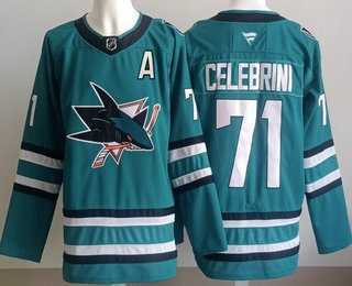 Men%27s San Jose Sharks #71 Macklin Celebrini Teal Stitched Jersey