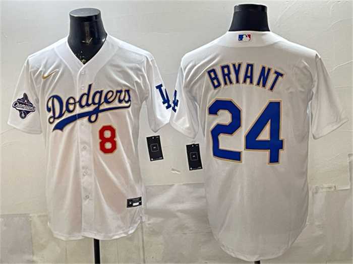 Men%27s Los Angeles Dodgers Front #8 Back #24 Kobe Bryant White Gold With 2025 World Series Champions Patch Stitched Jersey