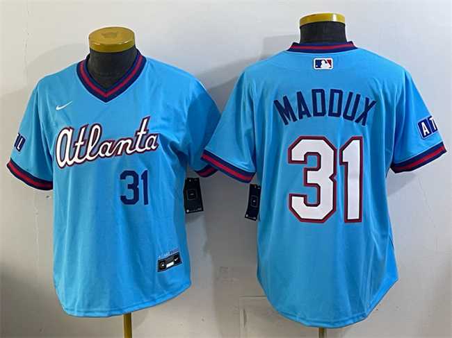 Women%27s Atlanta Braves #31 Greg Maddux Powder Blue 2026 City Connect Stadium Stitched Jersey
