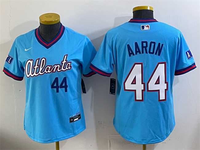 Women%27s Atlanta Braves #44 Hank Aaron Powder Blue 2026 City Connect Stadium Stitched Jersey