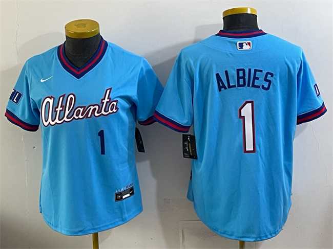 Women%27s Atlanta Braves #1 Ozzie Albies Powder Blue 2026 City Connect Stadium Stitched Jersey