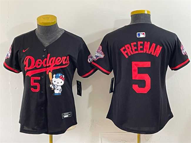 Women%27s Los Angeles Dodgers #5 Freddie Freeman Black Hello Kitty Night 2025 World Series Champions Patch Stitched Jersey Dzhi