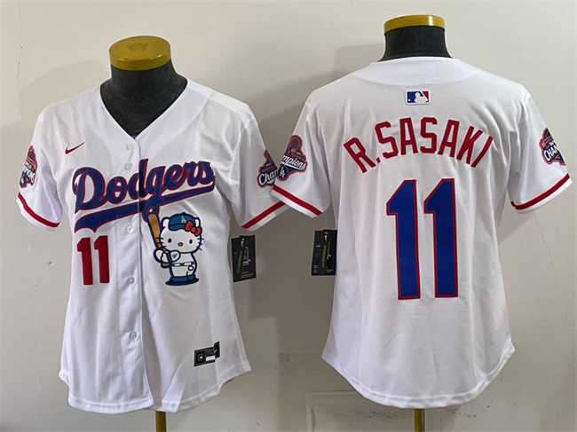 Women%27s Los Angeles Dodgers #11 Roki Sasaki White Hello Kitty Night 2025 World Series Champions Patch Stitched Jersey Dzhi
