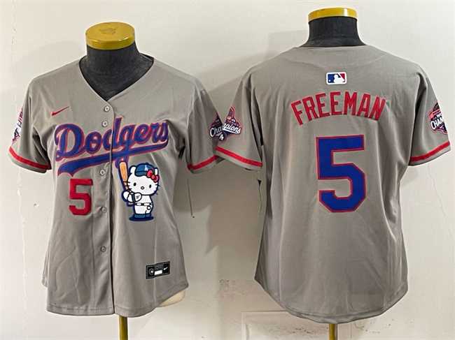 Women%27s Los Angeles Dodgers #5 Freddie Freeman Grey Hello Kitty Night 2025 World Series Champions Patch Stitched Jersey Dzhi