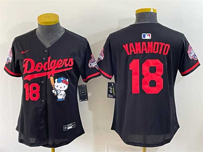 Women%27s Los Angeles Dodgers #18 Yoshinobu Yamamoto Black Hello Kitty Night 2025 World Series Champions Patch Stitched Jersey Dzhi