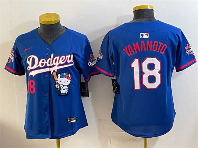 Women%27s Los Angeles Dodgers #18 Yoshinobu Yamamoto Royal Hello Kitty Night 2025 World Series Champions Patch Stitched Jersey Dzhi