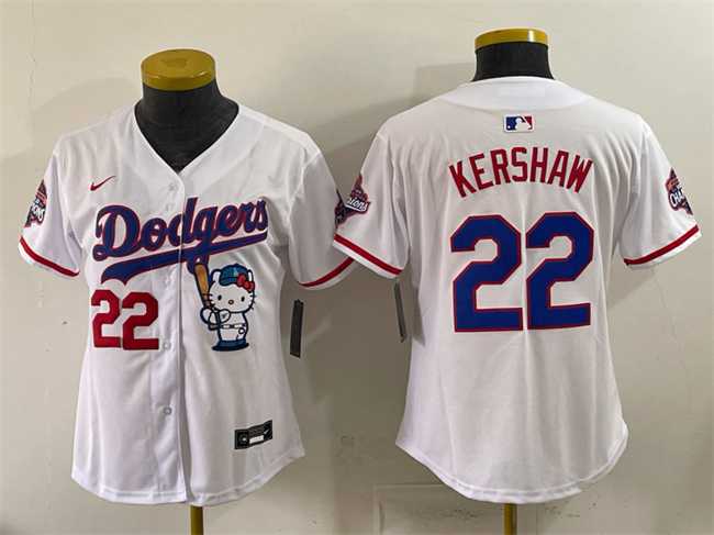 Women%27s Los Angeles Dodgers #22 Clayton Kershaw White Hello Kitty Night 2025 World Series Champions Patch Stitched Jersey Dzhi