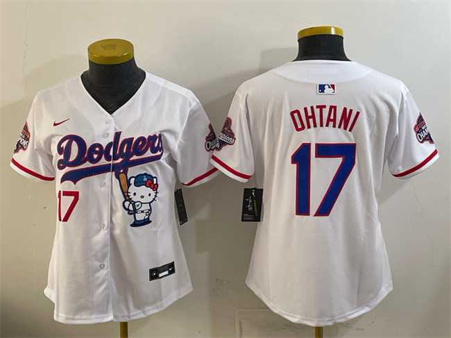 Women%27s Los Angeles Dodgers #17 Shohei Ohtani White Hello Kitty Night 2025 World Series Champions Patch Stitched Jersey Dzhi