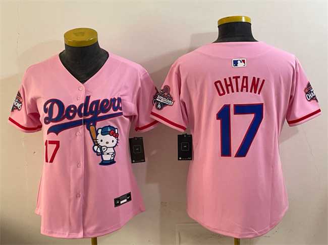 Women%27s Los Angeles Dodgers #17 Shohei Ohtani Pink Hello Kitty Night 2025 World Series Champions Patch Stitched Jersey Dzhi