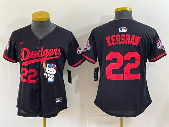 Women%27s Los Angeles Dodgers #22 Clayton Kershaw Black Hello Kitty Night 2025 World Series Champions Patch Stitched Jersey Dzhi