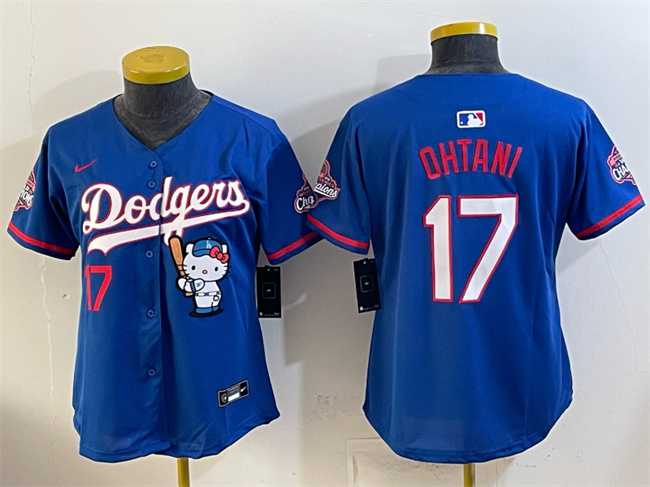 Women%27s Los Angeles Dodgers #17 Shohei Ohtani Royal Hello Kitty Night 2025 World Series Champions Patch Stitched Jersey Dzhi